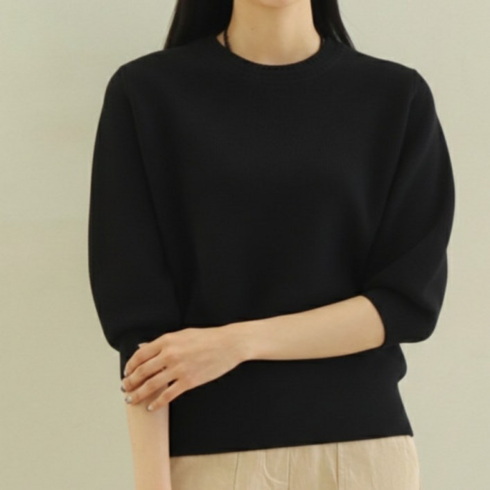 노나네 여성 울혼방 퍼프소매 라운드 니트 봄 간절기 데일리 기본핏 66반까지