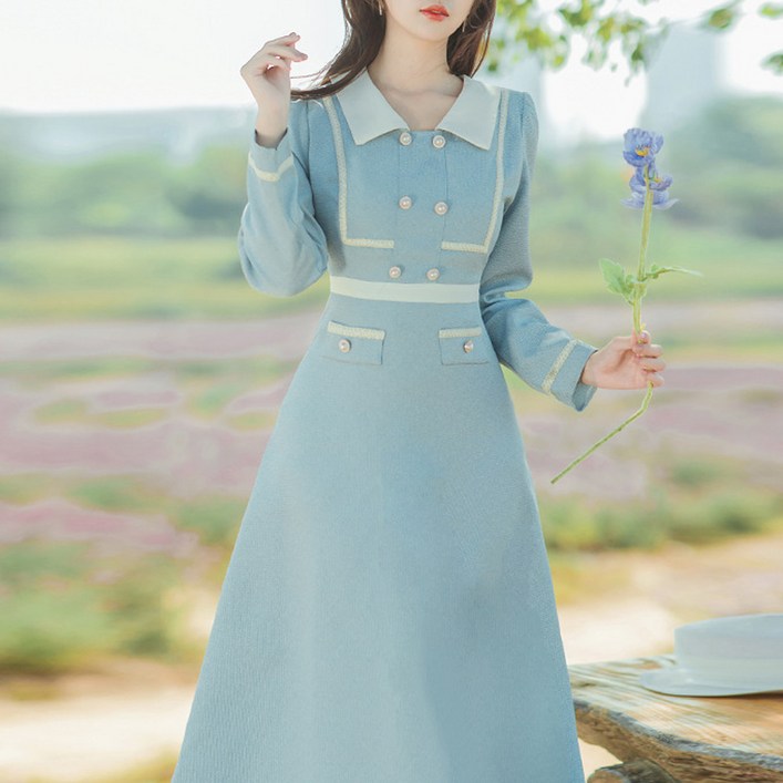 대여 스카이블루 진주버튼 트위드 각카라 원피스