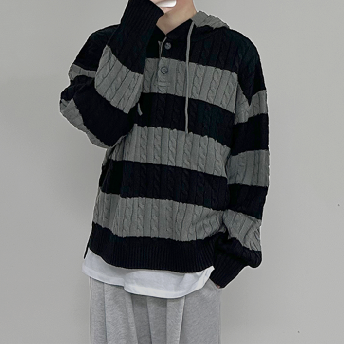 테이크잇 남자 남성용 빅사이즈 스트라이프 단가라 꽈배기 반집업 워머 후드 빅사이즈 박스 긴팔 니트 티셔츠