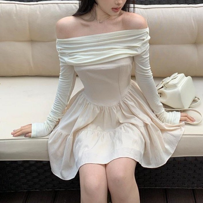 BROWMODA 여성 슬림핏 오프 숄더 셔링 미니원피스