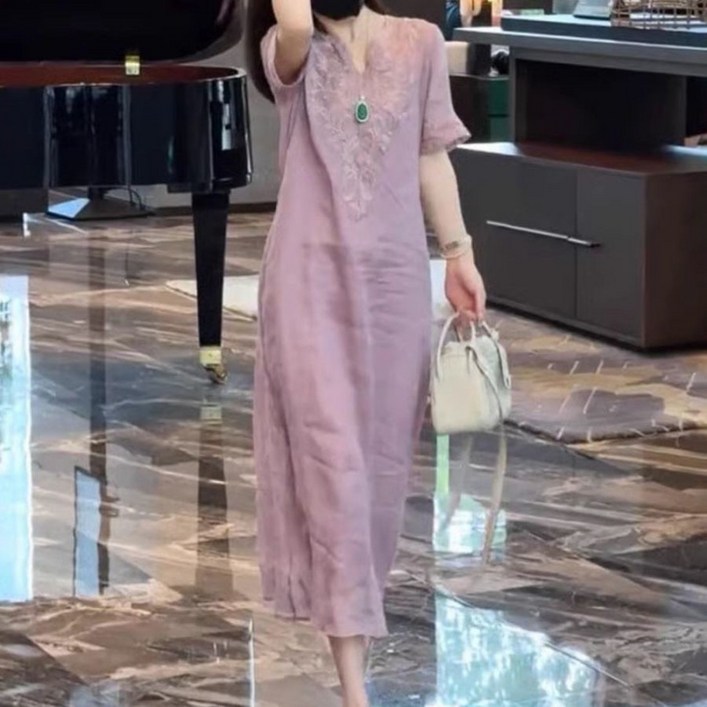 Choyur여성 봄여름 순면 V넥 반팔 원피스 복고 자수 디자인 일자 원피스wjj