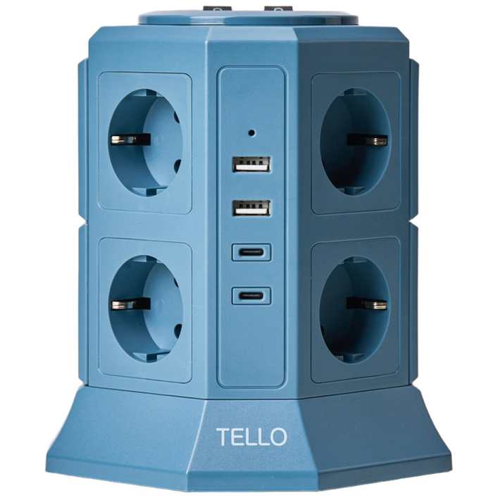 텔로 과부하차단 USB 타워 컬러 멀티탭 12구 KC인증 접지 안전 고급 멀티탭 선정리 가능한 인테리어 예쁜 귀여운 디자인 C타입 콘센트, 2m, 딥블루, 1개