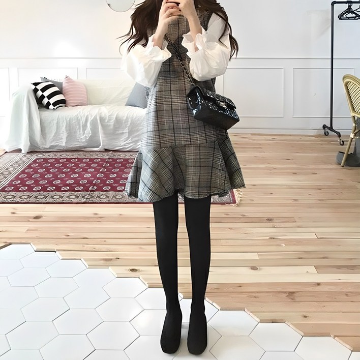 구디프 블라우스소매 체크 원피스 빅사이즈 포함