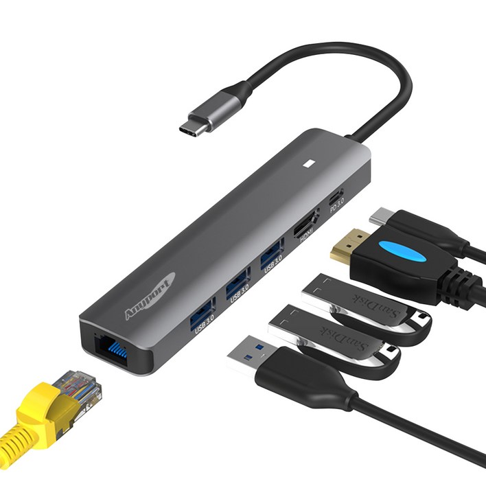 애니포트 6포트 C타입 맥북 PD 충전 삼성 덱스 연결 멀티포트 USB 허브 APTC61PUL, 혼합색상, 1개
