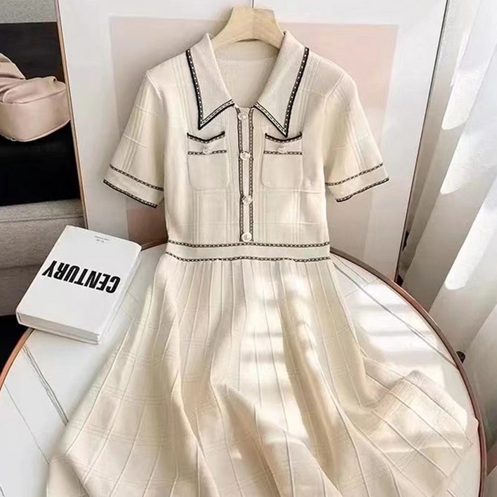 페이퍼먼츠 슬림핏 카라넥 라인 미디 원피스 22325