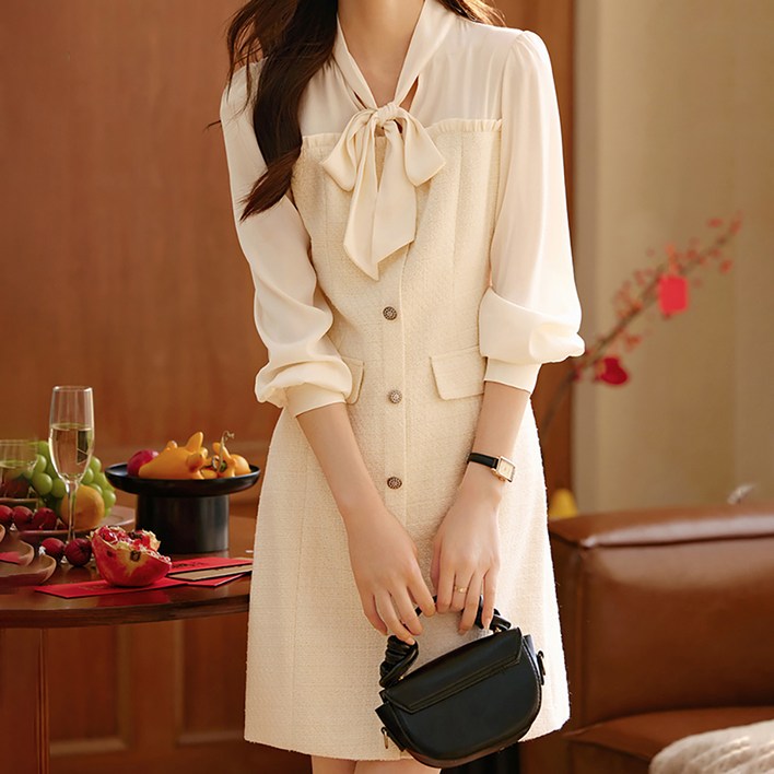 페이퍼먼츠 리본넥 트위드 정장 미니 원피스 23290