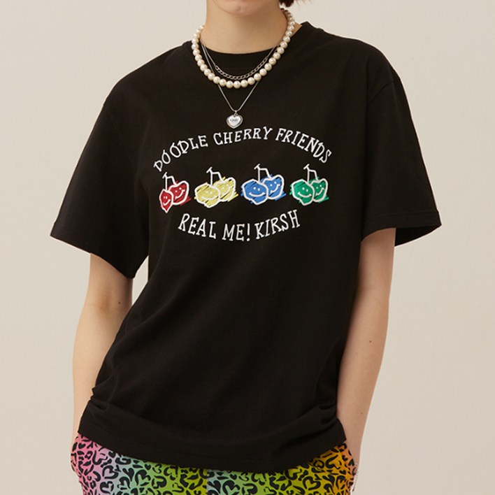 키르시 여성용 DOODLE CHERRY DRAWING PRINT 반팔 티셔츠