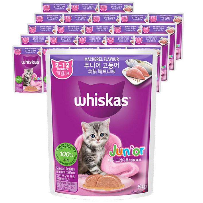위스카스 고양이 주식 파우치 주니어 고등어, 24개, 생선 고양이통조림