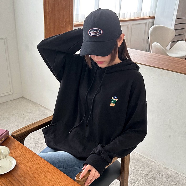 디어로라 여성용 미니베어 자수 오버핏 기모 후드티