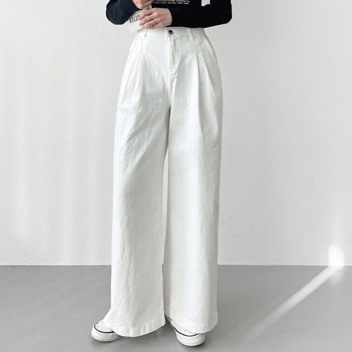 잘빠진 여성용 2단기장 투 핀턱 와이드 팬츠