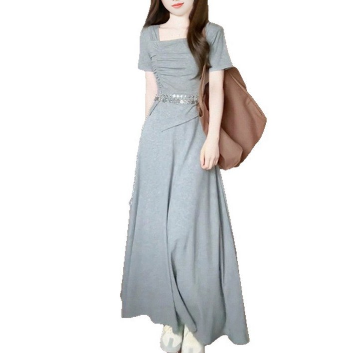 프렌치 신상 키 작은 나른한 그레이 원피스 여름 고급스러운 느낌 롱스커트 세트
