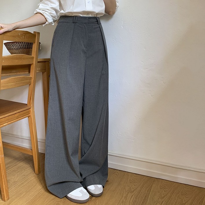 토마토팩토리 여성용 오델로 스트라이프 핀턱 와이드 슬랙스