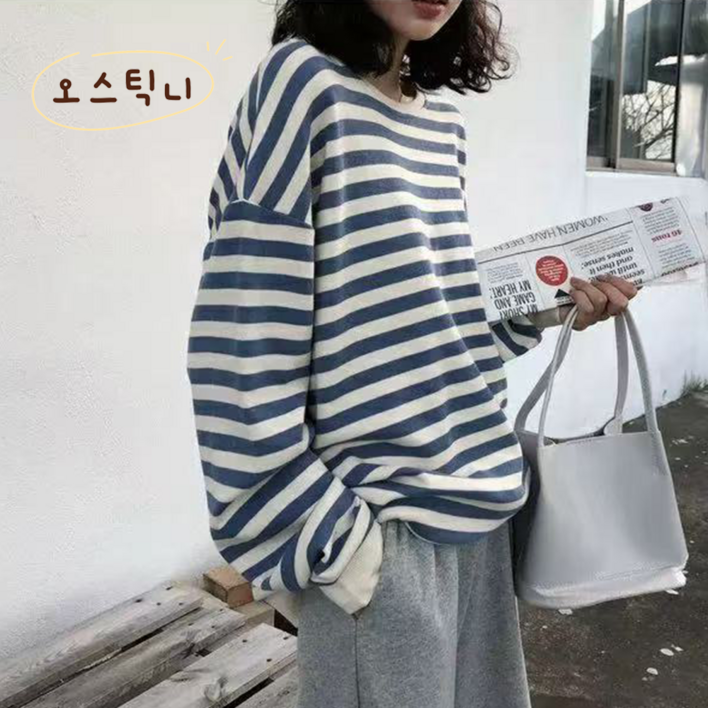 오스틱니  2026 신상 초특가 여성용 봄가을 스트라이프 루즈핏 데일리룩  라운드 긴팔 티셔츠