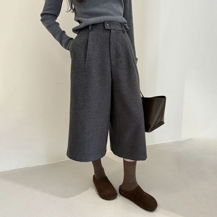 POMTOR 가을 겨울 여성 모직 7부 와이드 팬츠 루즈핏 정장 바지