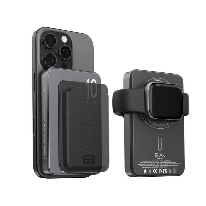 엘락 3in1 초슬림 초경량 무선 자석 맥세이프 고속 충전 5000mAh 보조배터리 에어팟충전 애플워치충전, 10,000mAh / 티타늄블랙