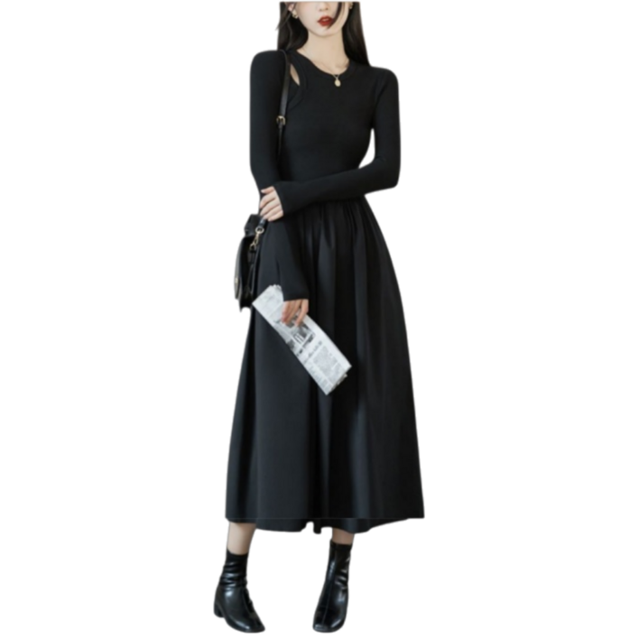 Makone 여성 봄 가을 라운드넥 블랙 슬림핏 A라인 펀칭 프린세스풍 롱 원피스