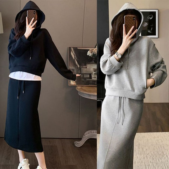 비비디아 Bibidia 여성 캐주얼 후드티 치마세트 롱스커트 투피스 트레이닝세트 5386 S2XL