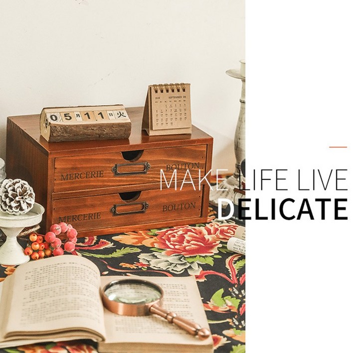 워크룸 빈티지 우드 2단 서랍함 데스크 정리함 원목 미니 수납함 인테리어 소품