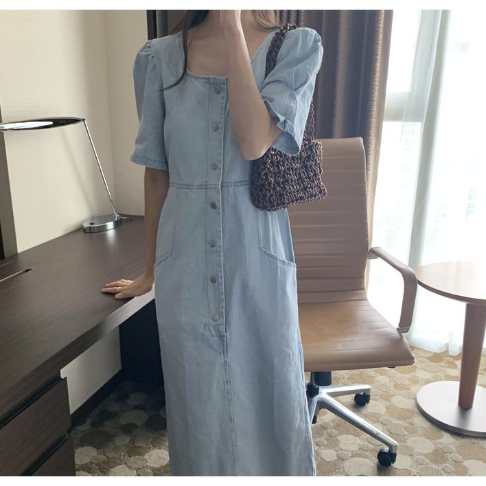 루어스룸 미에트 스퀘어넥 퍼프 데님 청 롱 원피스