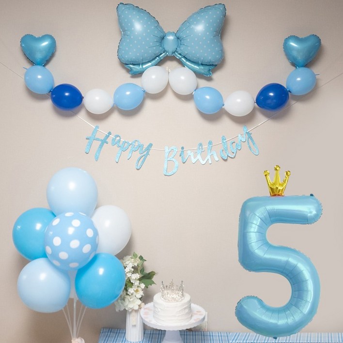 연지마켓 생일풍선 생일파티용품 리본풍선 숫자세트, 블루리본 블루세트 5