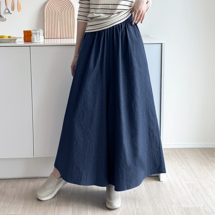 데일리앤 몰튼 데님 플레어 와이드 밴딩 치마 바지 코튼 빅사이즈 통바지 큐롯 팬츠 봄 가을 간절기