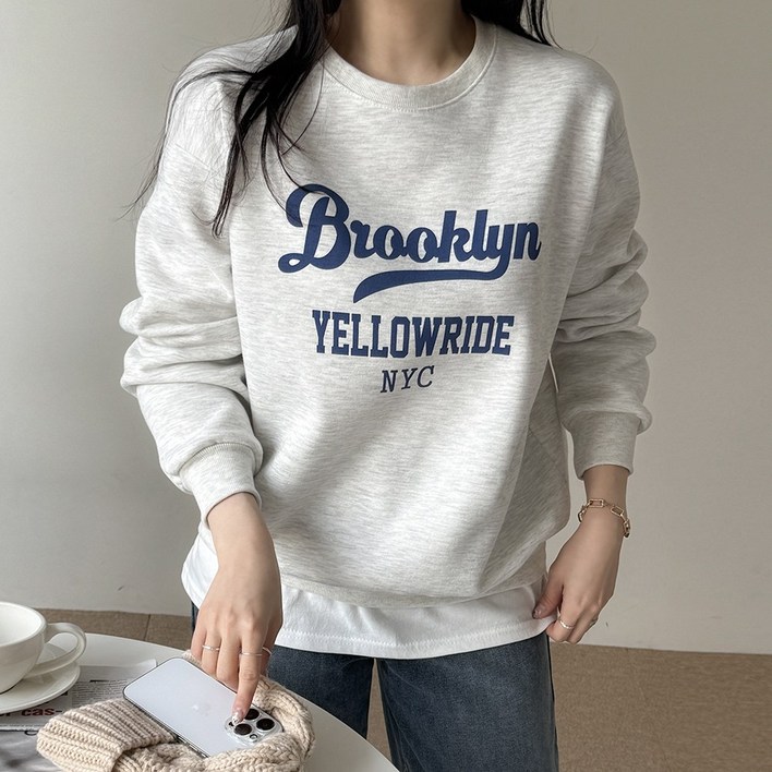 데일리앤 빌리 여성 루즈핏 얇은 기모 영문 레터링 레이어드 맨투맨 긴팔 티셔츠 가을 겨울