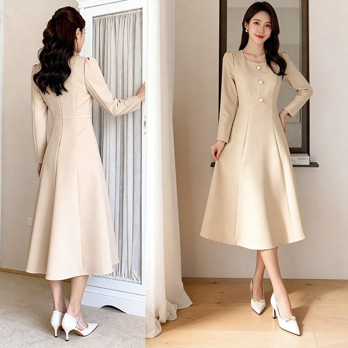 비비디아 여성 고급 슬림핏 긴팔 정장 롱 원피스 하객룩 오피스룩 (S~2XL) 5598