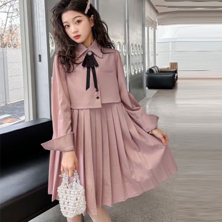 주니어 여아 카라 리본넥 깔끔 단정 결혼식원피스 플리츠 주름 원피스 중학생