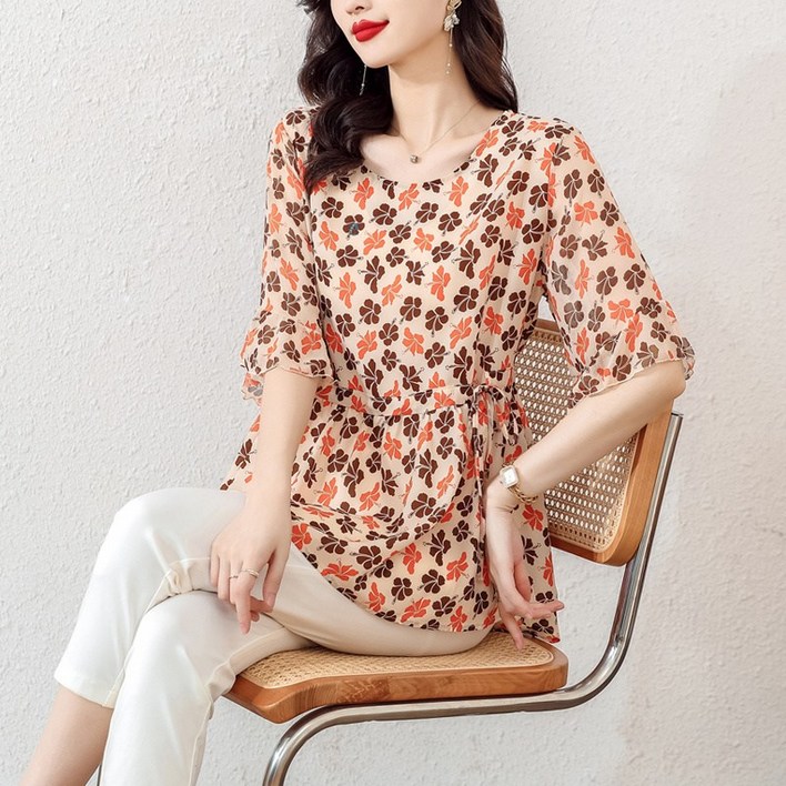 반팔 블라우스 여 여름 플라워 루즈핏 배 가리고 날씬해 보이는 쉬폰 상의 감령 예쁜 치맛자락 블라우스