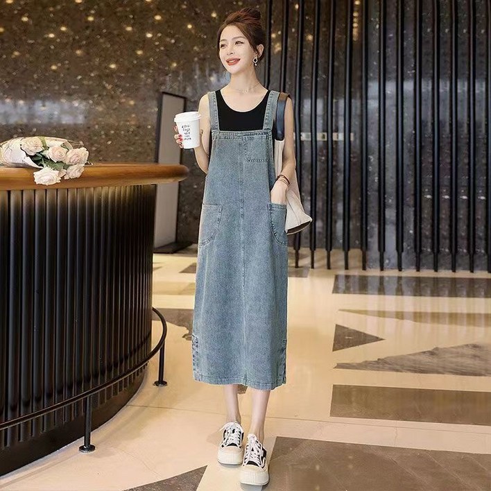 여름 신상 데님 멜빵 스커트 여중 기장 살 가리고 날씬해 보이는 원피스 CIILLNY