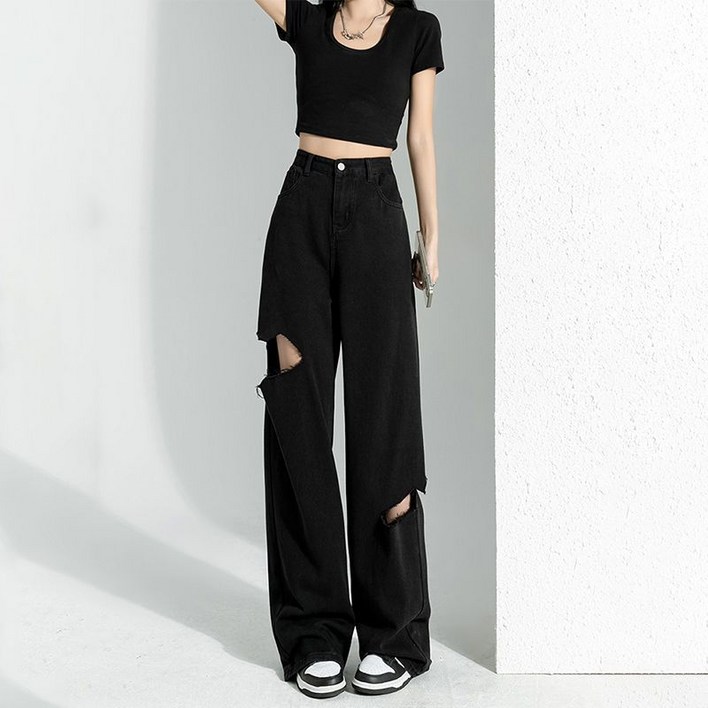 여성 봄 여름 데님 팬츠 캐주얼 하이웨이스트 일자 찢청바지 루즈핏 얇은 와이드 데님 팬츠 빅사이즈