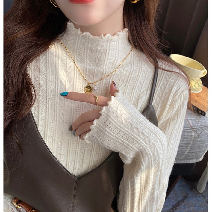 맵시난다 여성 터들넥 물결 프릴 반넥 반폴라 골지 반목 폴라 니트티 U337