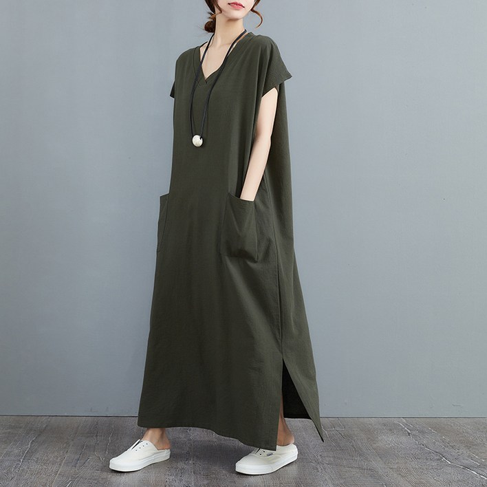 ANYOU 여성 빅사이즈 브이넥 린넨 원피스 캐주얼 루즈핏 주머니 롱 원피스