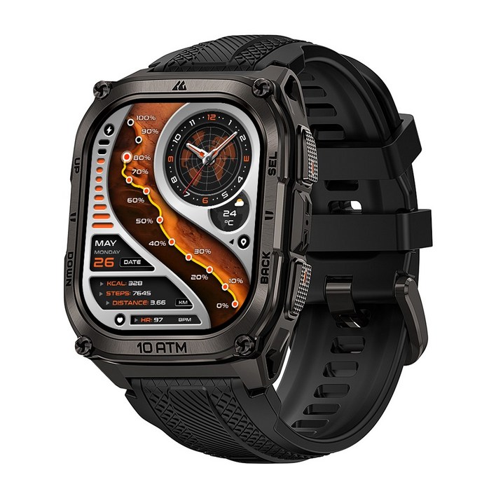 KOSPET 스테인리스 스틸 10ATM IP69K 방수, 군용 인증 듀얼 주파수 GPS, 오프라인 지도, 500mAh 6 개의 위성 위치 결정 시스템 TANK M4 스마트워치, GPS + 블루투스, 4.98cm, black