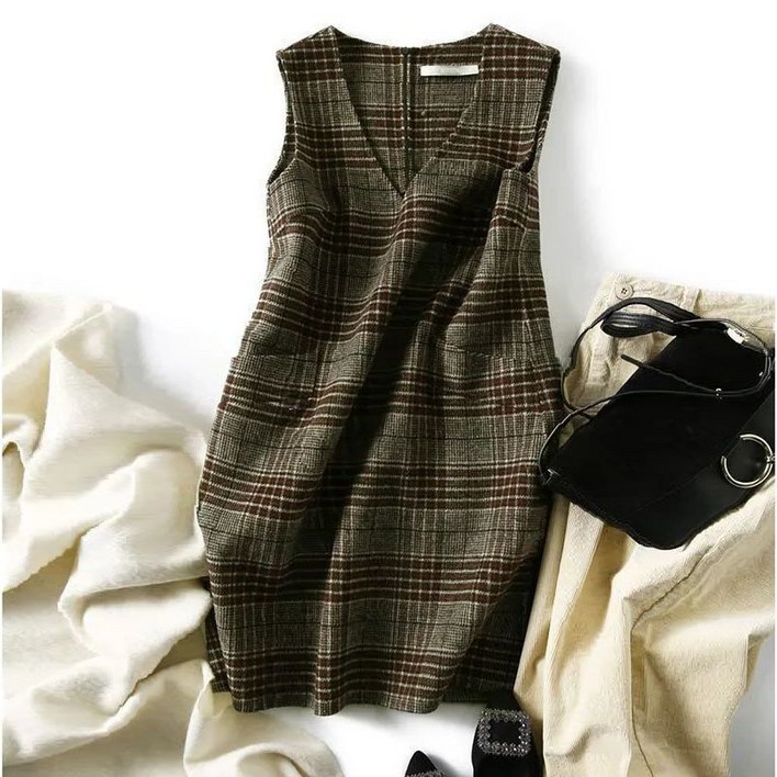 COSYEVNO 여성 나시 모직 원피스 겨울 하프 기장 체크 A라인 스커트