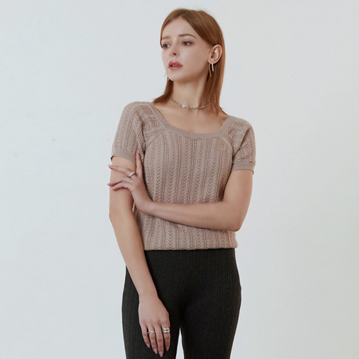 힐루나 여성 코튼 스카시 스퀘어넥 반팔 발리언니트