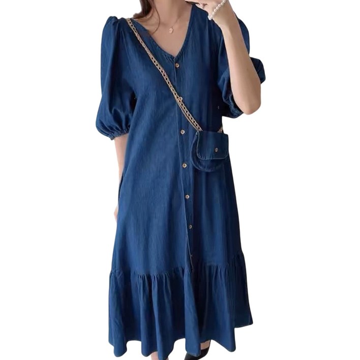 보씨엘 여름 데님라이크 원피스 퍼프소매 반팔 브이넥 단추 청원피스