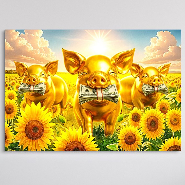 인메이블 돈들어오는 해바라기 밭 부자 아기돼지 5종 그림 풍수 개업 선물 인테리어 그림 캔버스 액자 거실 현관 복도 인테리어 재물운 벽 인테리어, 04.해바라기 밭 부자 황금아기돼지 3총사