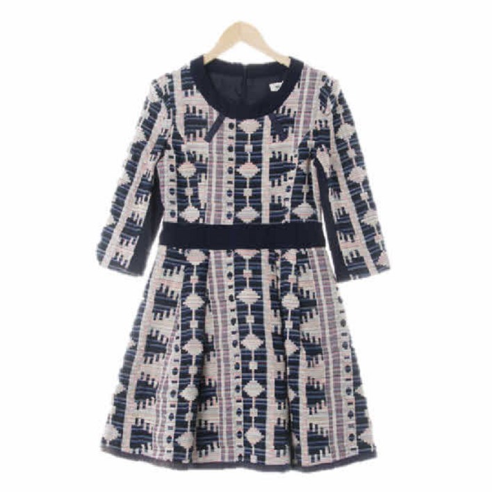 5563 mcginn 네이비샌드달러아이보리 자수스트라이프 라운드7부소매배색원피스 [S]