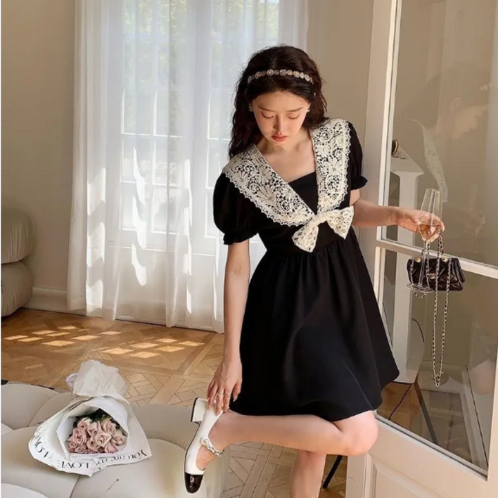 원피스슬림핏 블랙 레트로레이스원피스