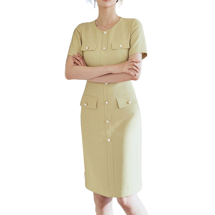 셀럽당 솔리드 원피스 여여름 심플 연노랑 슬림 반팔 미디스커트