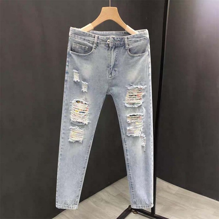 신상 디스트로이드 진 남성용 슬림핏  9부 캐주얼 데일리록 빈티지 팬츠 봄 가을  코디 필수 아이템 찢청 데님
