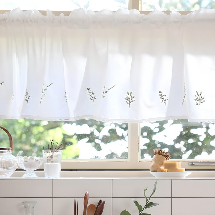 벨라이프 그린잎 자수 바란스 커튼