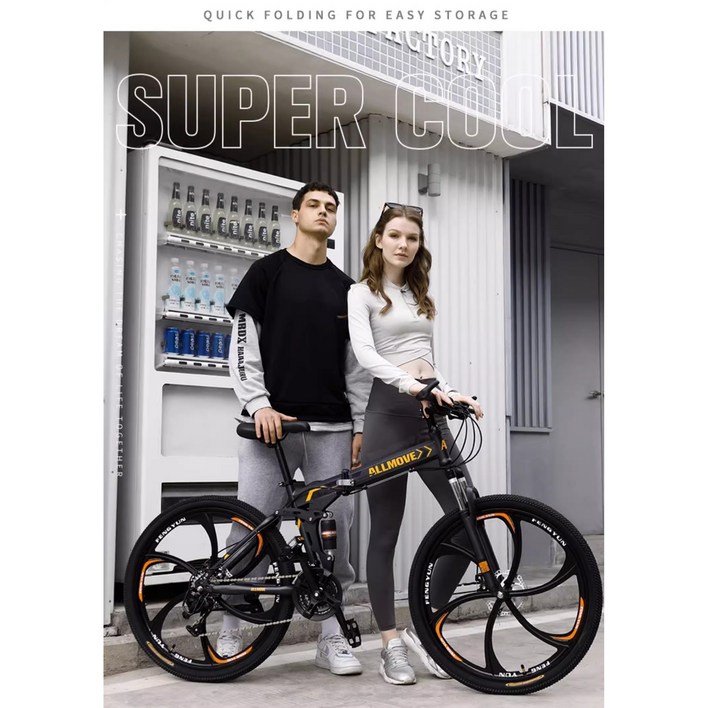 접이식 자전거 원터치 입문용 24인치 26인치 21단 여행 삼륜휠 MTB 출퇴근 폴딩, 1개, 165cm, 블랙레드