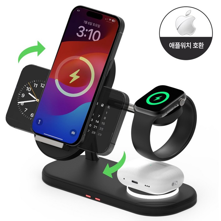 바우아토 3in1 듀얼 코일 고속 무선충전기 거치대, 미드나잇블랙, 1개 바우아토 3in1 듀얼 코일 고속 무선충전기 거치대, 미드나잇블랙, 1개