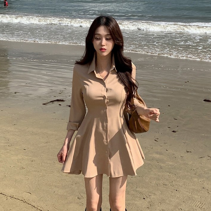 워너비뮤즈   MADE  뒷리본 플레어 긴팔 반팔 셔츠 미니 원피스