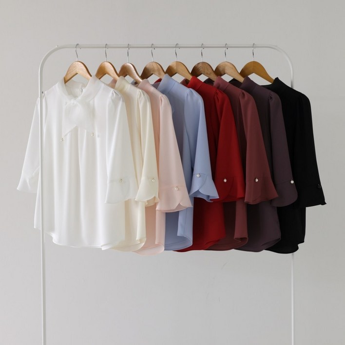 우아모 단아한 노방 리본 블라우스 빅사이즈 7부 중년여성 하객룩 단체복 합창복