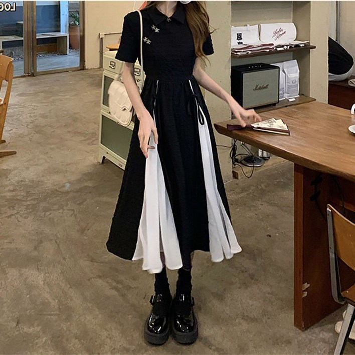 ANYOU 롱 원피스 루즈핏 주름 디자인 데일리 오피스룩 여성원피스