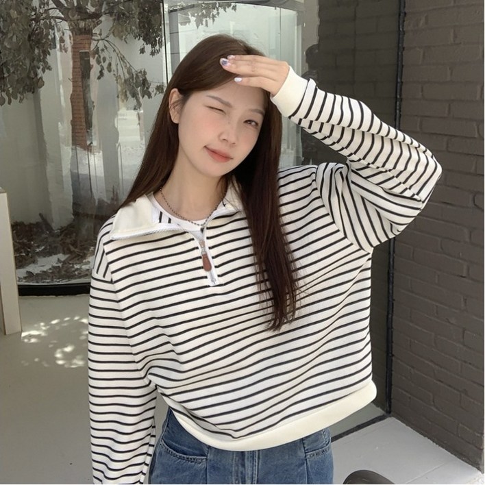 SAHINER 봄가을 여성 스트라이프 카라 반집업 루즈핏 긴팔티셔츠 L136