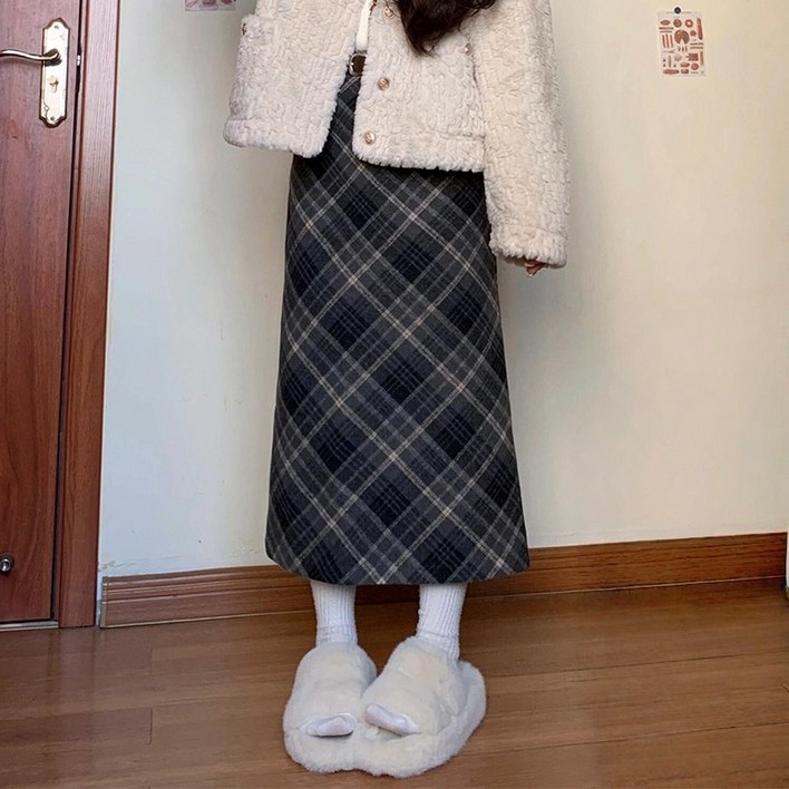 가을 겨울 여자 레트로 체크 롱 스커트 모직 밴딩 치마
